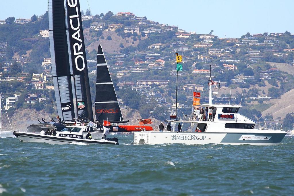 Oracle Team USA v Emirates Team New Zealand. America’s Cup Day 6 San Francisco. Oracle Team USA enter the start box for Race 10 © Richard Gladwell www.photosport.co.nz